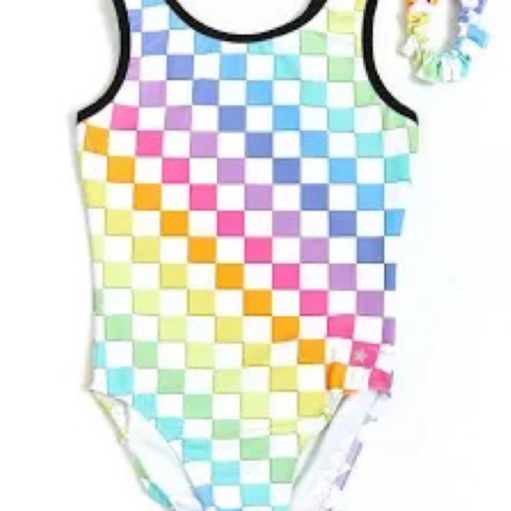 Rainbow and white checkered leotard